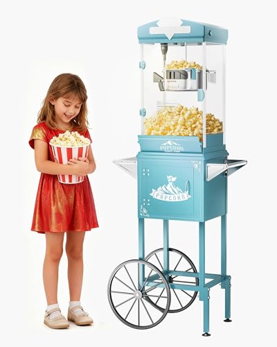 Image of 10 oz Popcorn Machine Cart, Popcorn Maker Machine with Wheel&Stainless-Steel Kettle Makes Up to 40 Cups, Vintage Movie Theater Style Pop Corn Machine, Cyan
