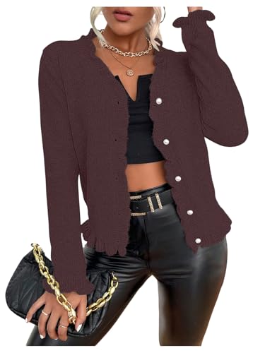 Image of Verdusa Women's Ruffle Trim V Neck Button Down Long Sleeve Knit Cardigan Sweater