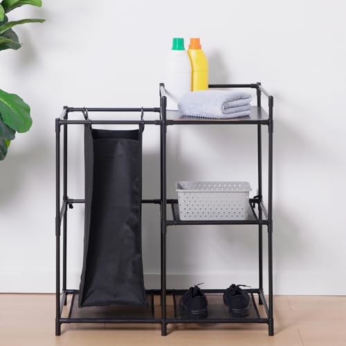 Image of Amazon Basics Multi-Function Laundry Shelf with 3-Tier Storage Organizer , Removable Polyester Bag, Iron Frame & MDF Shelf - 3-Tier Storage Organizer for Clothes, Towels & Supplies - Black (69L x 36W x 78H CM)