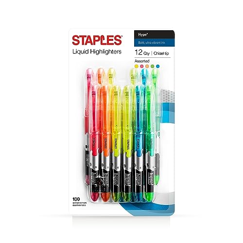 STAPLES Liquid Highlighters, Chisel Tip, Assorted Colors, 12