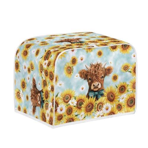 Image of Talayituse Highland Cattle Sunflower Daisy Print Toaster Cover 2 Slice Wide Slot, Lightweight Bread Maker Cover Dust Protection Washable Appliance Bag, S