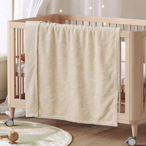 Image of BORITAR Baby Blanket with Heart Design for Girls Ultra Soft Fleece Warm and Lightweight Blankets for Infant Toddler Newborn, 30x40 Inch, Beige
