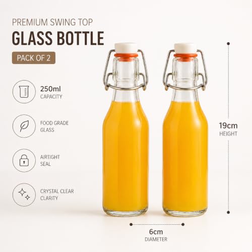 Image of Clear Glass Bottles with Airtight Swing Top Lids - Leakproof Reusable Glass Jars for Juice, Oil, Water, Milk, Kombucha, Vinegar, Beverages - Round, Pack of 2