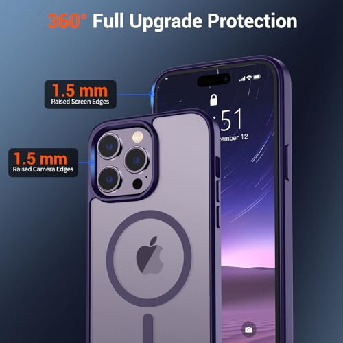 Image of SUPFINE Magnetic for iPhone 14 Pro Case (Compatible with MagSafe) (Military Grade Drop Protection) Translucent Matte Shockproof Phone Case, Dark Purple