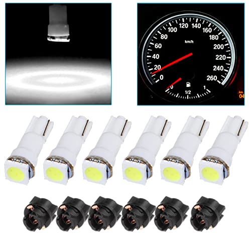 Cciyu 6X Car T5 5050 1Smd Wedge Xenon White Led Light Bulbs Instrument Panel Cluster Plug Lamp Dash Light Bulb W/T5 Twist Sockets(White) #TOP1