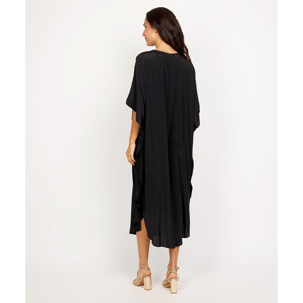 Kaftan de Playa Largo Casual con Cuello V, Detalles de Líneas Decorativas, Estilo Suelto