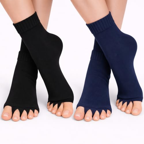 Image of Foot Alignment Orthopedic Cotton Socks for Men & Women | Five Toe Separator | Foot Pain Relief | Bunion Corrector | Plantar Fasciitis Support |Free Size | Black-NavyBlue | 2 Pair | UK8-11