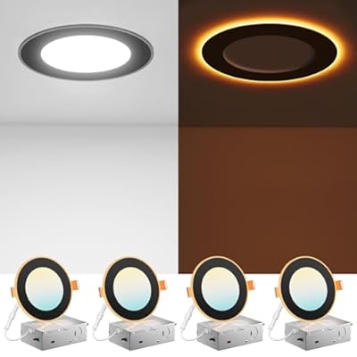 Amico 4 Pack Black 4 Inch 5CCT LED Recessed Ceiling Light with Night Light, 2700K-5000K Selectable Ultra-Thin Recessed Lighting, 10W=90W, 700LM, Dimmable Canless Wafer Downlight ETL&FCC