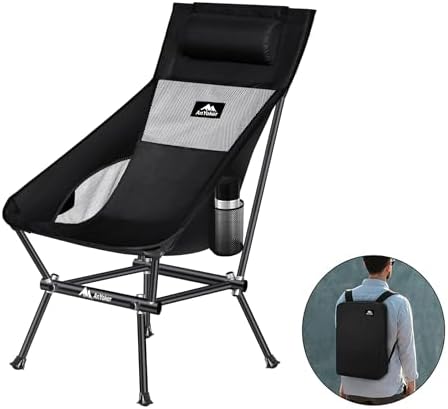 Camping Chair, Compact Backpacking Chair, Portable Folding Chair, Beach Chair with Side Pocket and headrest, Lightweight Hiking Chair 164ZZ-A （Black）