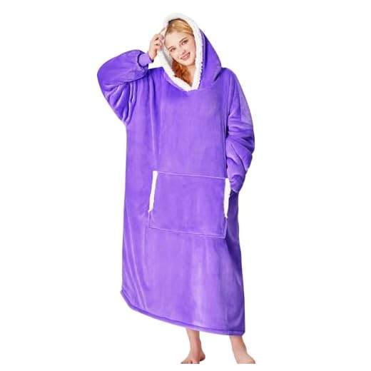 yescool Oversized Wearable Blanket Hoodie, Flannel Sherpa Fleece Blanket Sweatshirt for Adults Women Men, Big Plush Cozy Hooded Blanket with Hood, Pocket & Sleeves, One Size Fits All (Purple)