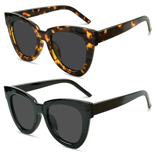 2PCS Lunettes de Soleil Vintage Œil de Chat, Lunettes de Soleil Homme Femme, Lunette de Soleil Rectangulaire Rétro, Motif Écaille de Tortue, Lunette d'été...