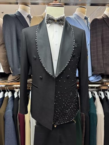 SAROULU Luxury Mens Suit 3 Piece Black Beaded with Jacket Vest Pants Men Tuxedo for Wedding Party Prom2