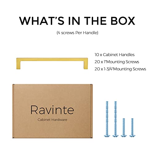 Image of Ravinte Brushed Brass Solid Pulls Cabinet Handles 6-1 /4 Inch 10 Pack | Solid Zinc, Slim Design, Mounting Screws Included, Kitchen Cabinet Hardware, For Cupboards, Dressers, Drawers