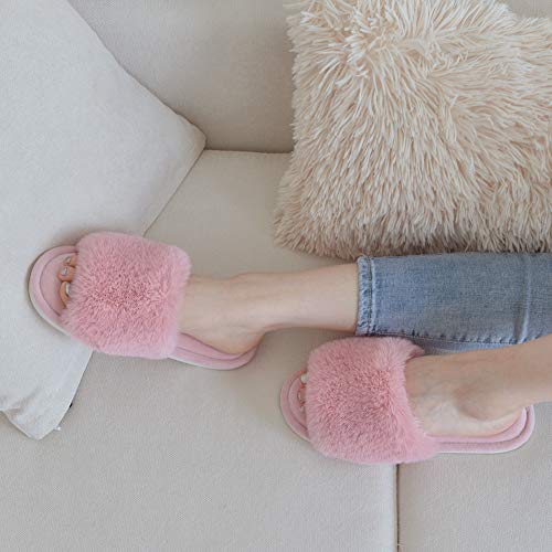 Women's Faux Fur Slippers Fuzzy Flat Spa Fluffy Open Toe House Shoes Indoor Outdoor Slip on Memory Foam Slide Sandals