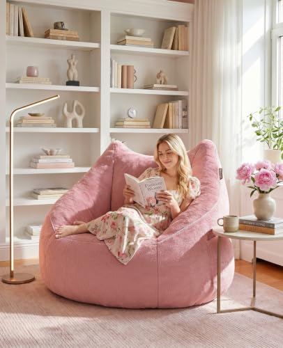 Image of Relefree Cafy Pink Bean Bag Chair for Adults,Oversized Reading Chair with Armrests,Memory Foam Filling Comfy Chair,Giant Cozy Adult Bean Bag Chair,Large Lazy Living Room Chair for Bedroom,Pink Rose