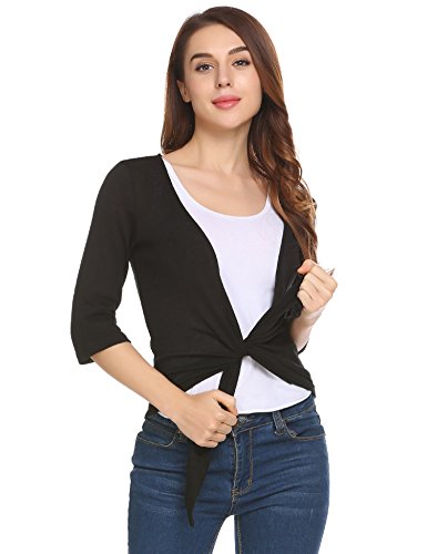 Concep Open Front Black Shrug Cropped Top Shirt Long Sleeve Wrap Cardigan for Women (Black, XXL)