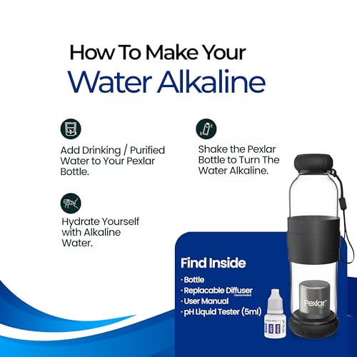 Image of Pexlar Alkaline Water Filter Bottle | Borosilicate Glass | Alkaline Water Generator | Filter Water Bottle | Water Bottle with Filter inside - Black - 500 ml