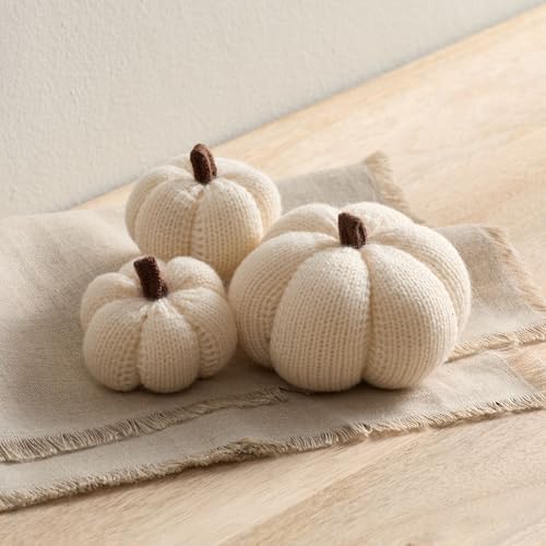 Image of Cozy Mini Knit Set of 3 Ivory Pumpkins (Snowdrop Multi-Size Set) | Tabletop Decor, Fall Accent, Bowl Filler, New Apartment Gift