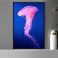Framed Canvas Wall Art Jellyfish Bedroom Colorful Jellyfish Marine Life Multicolor Neon Photography Tropical - 16x24 inches