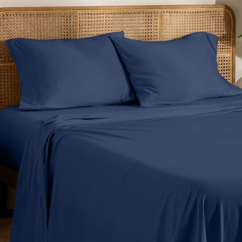 Bare Home 100% Organic Cotton Jersey Sheet Set, Ultra Soft, 100% Cotton - Sheet Set & Pillowcases - Deep Pocket Bed Sheets (Queen, Dark Blue)