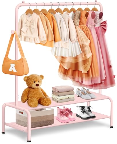 mirolam Perchero de ropa para niños, barra para ropa infantil, barra para vestirse para niños, mini perchero independiente con 2 estantes de tela, perchero pequeño para ropa, rieles colgantes para