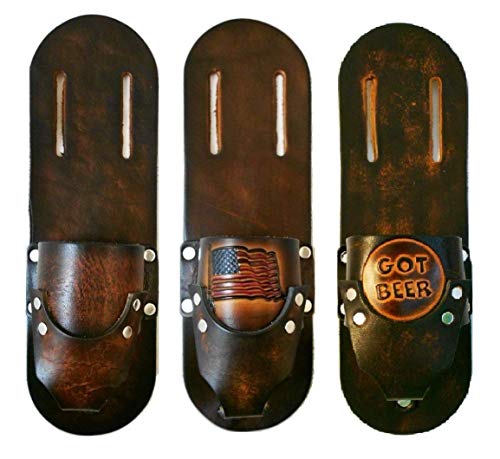 Leather Beer Holster, Drink Beverage Holder for bottle or can, Handcrafted, Many Tooled Designs2
