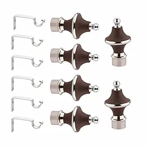 GRIVAN Stainless Steel & ABS Curtain Bracket Parda Holder with Support 1 Inch Rod Pocket Finials Designer Door and Window Rod Support Fittings, Curtain Rod Holder (Pair of 3, Dark Brown)