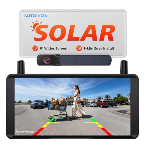AUTO-VOX Solar Wireless Backup Camera: No Drilling 1-Min Quick Install Dual Antenna for Smooth Live View 6 1080P Screen with Color Night Vision Long Battery & Solar Recharge for Car Truck Trailer