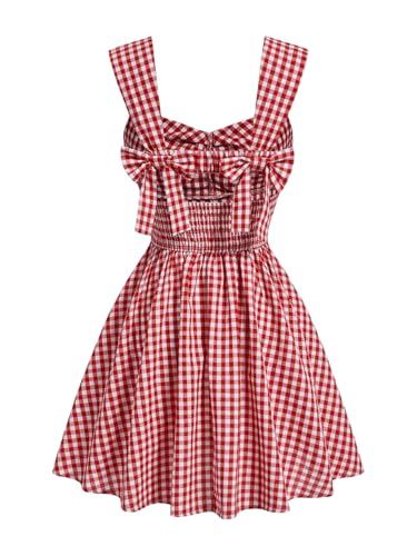 Floerns Women's Plaid Ruched Bust Sleeveless Vintage Bowknot Pleated Short Dresses