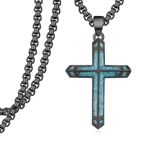 Turquoise Cross Necklace 925 Sterling Silver Cross Necklace for Men Christian Jewelry Gifts for Men