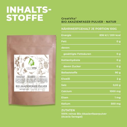 GreatVita Bio Akazienfaser Pulver 400g | über 90% lösliche Ballaststoffe - geschmacksneutral & 100?% löslich | vegane Acacia Fibre mit Calcium, Magnesium, Kalium & Phosphor | ohne Gentechnik & Zusätze