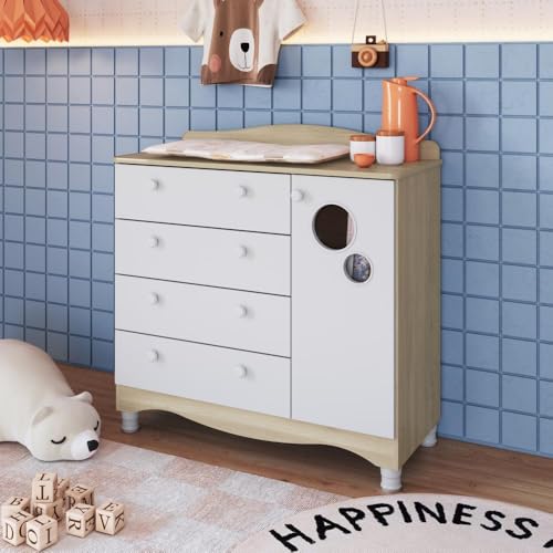 Cômoda Infantil Organizadora 4 Gavetas Grande e 1 Porta com Prate...