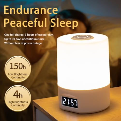 Image of One94Store LED Touch Table Lamp with Built-in Clock & Alarm - Rechargeable Oval-Shaped, Dimmable 3-Color Night Light with Time Setting Option at Back for Bedroom, Office & Home Decor