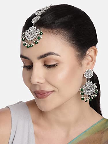 Image of I Jewels 18K Rhodium Plated with Stunning Matte Finish Traditional Kundan & Faux Pearl Chandbali Earrings with Maang Tikka Set (TE2911Z) For Women