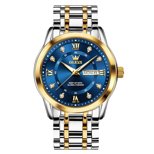 OLEVS Men's Stainless Steel Watch, Large Face Roman Numerals Diamond Accented Three-Hand Analog Quartz Watches for Men, Easy to Read Day Date Waterproof Luminous Mens Wristwatch