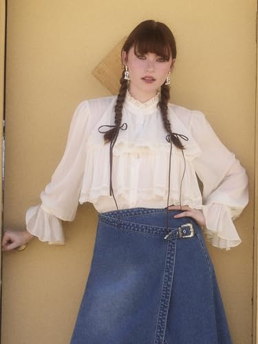 CIDER Chiffon High Neck Soild Lace Faux Pearl Long Sleeve Blouse2