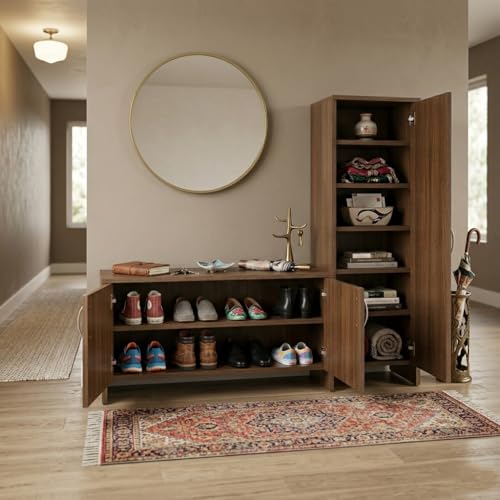 Image of Alpine Willow Wooden Shoe Rack with Door (DIY Assembly) Shoe Cabinet with Doors | Modern multiutility Storage Set with Bench & Cabinet | Entryway Organizer for Shoes, Hats, & Accessories