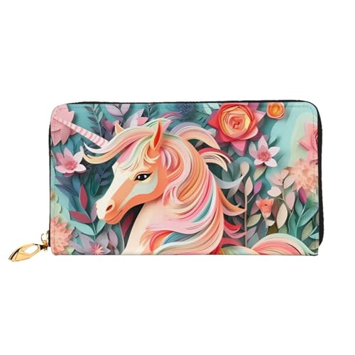 Pink Paper Cut Unicorn Women's Wallet Long Zip Around, Premium Vegan Leather Wallet with 12 Card Holders, Large Capacity,Gift Ready Packaging