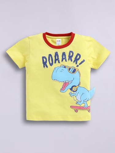 Image of LITTLE NINJA Pure Cotton Knee Length Half Sleeve Roaring Dinasour Printed Tee & Shorts Set - Yellow 0-6M