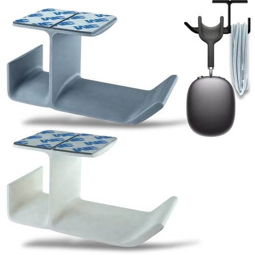 Image of SRS Under Desk Headphone Stand with Cable Organizer Storage Options | Headphone & Cable Hook Holder Hanger | Stick-ON Adhesive with Surface Cleaning Wipes (Silver White, Pack of 2)