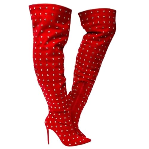 Liliana Women Rhinestone Stiletto Heel Over the Knee Thigh High Fashion Boots MUCCIA-1 boots RED 10