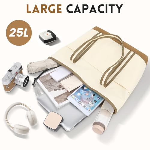 Image of Large Canvas Tote Bag for Women, Beach Bag with Zipper, Utility Tote Bag with 3 Front Pockets, Weekender Pool Bag