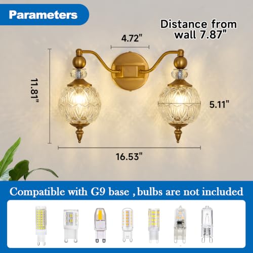 Image of Vintage Vanity Light 2 Light Gold Bathroom Light Fixtures Over Mirror