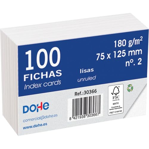 Dohe - Fichas Lisas de Cartulina (100 uds.) - Tarjetas para Escribir Notas, Tamaño 12,5x7,5 cm, 180 gr/m², N.º 2, Material de Oficina - Color Blanco