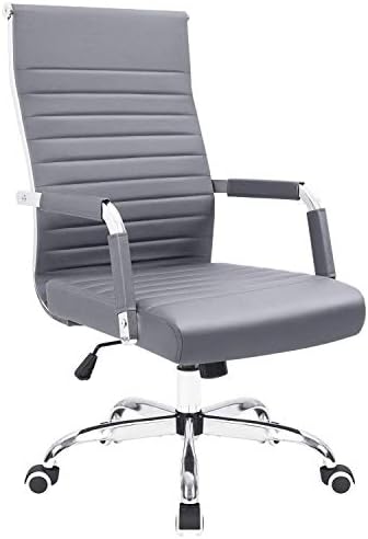 KaiMeng Ribbed Office Desk Mid Back Computer Chair Height Adjustable Conference Executive Task Swivel PU Leather (Grey)