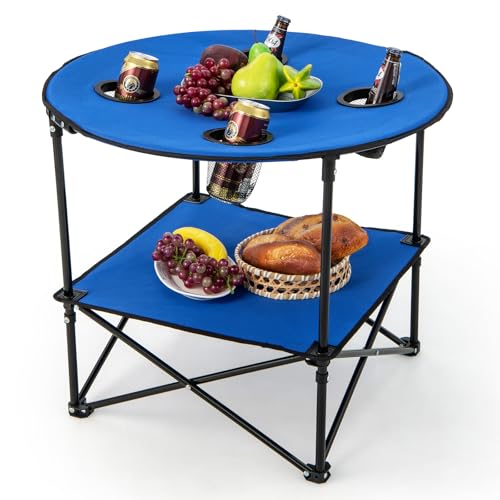 GOPLUS Mesa de Camping Plegable, Ø72cm Mesa de Picnic con 4 Portavasos, Estante de Almacenaje, Mesa Redonda Ligera y Portátil con Bolsa de Transporte, para Barbacoa, Camping, Playa