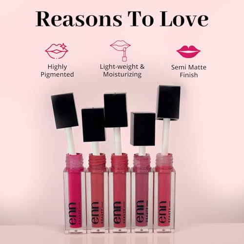 Image of Enn Long Lasting Semi Matte nourishing soft Liquid Lipsticks With 12 Hour Coverage, Transferproof, Highly Pigmented Godness of Natural Ingredients of Ghee,Vitamin-E & Rosemary-Pack Of 5 (Pretty Pinks)