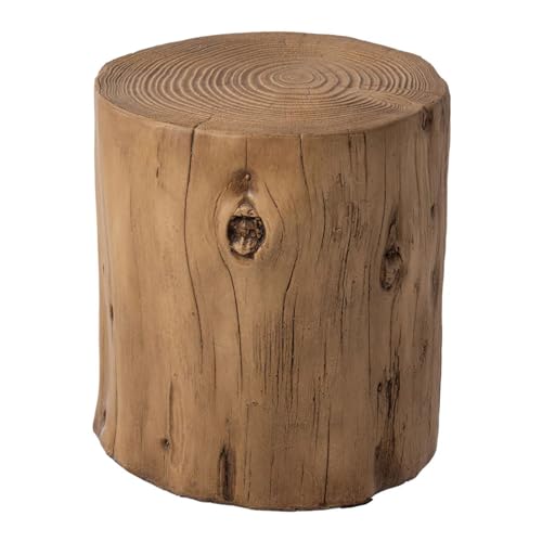SUNBURY Outdoor Stump Side Table, Faux Wooden Concrete Side Table, Tree Stump Wooden Stool, Patio End Table, Round Outdoor Accent Drum Table, Light Brown Ottoman or Plant Stand