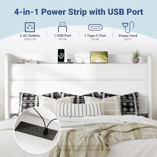 Image of Allewie King Size Upholstered Bed Frame with Charging Station, White