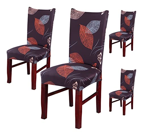 Image of House of Quirk Elastic Chair Cover Stretch Removable Washable Short Dining Chair Cover Protector Seat Slipcover (Pack of 4, Choco Leaf)